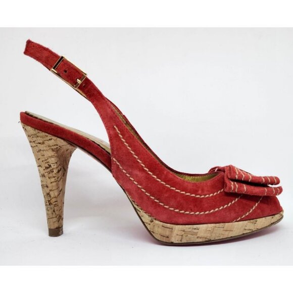 Laura Ferri Women's Red Coral Leather Slingback Sandal W/Corked Heel Size 38 - Picture 2 of 9